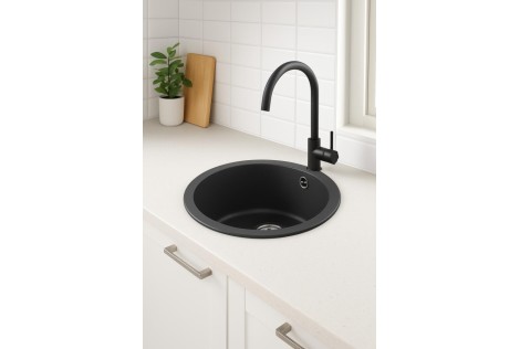 runde-granitspule-anthrazit-o-47-cm-mit-uberlauf-und-siphon-set